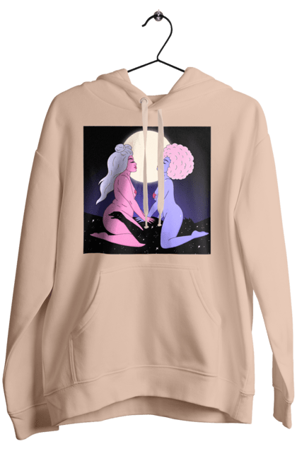 Women`s hoodie with prints Two Aliens And The Moon. Aliens, from above, girls. 2070702
