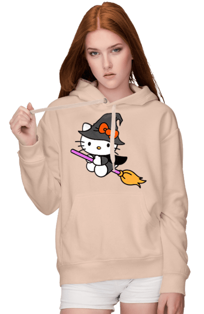 Женское худи с принтом Хелло Китти Хэллоуин. Halloween, hello kitty, witch, бренд, ведьма, кот, котенок, персонаж, хелло китти, хэллоуин. 2070702