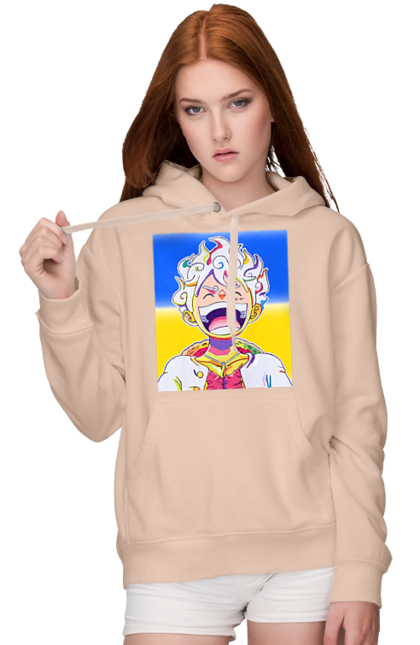 Жіноче худі з принтом "Монкі д Луффі сміється на жовто блактному фоні". Ван піс, луффі, монкі д. луффі, прапор україни, символ україни, україна. 2070702