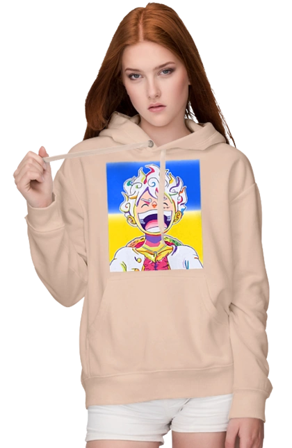 Monkey D Luffy laughing on a yellow blue background