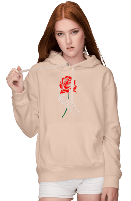 Жіноче худі з принтом "Троянда". Квітка, кисть, кістки, романтика, скелет, троянда, червоний. CustomPrint.market