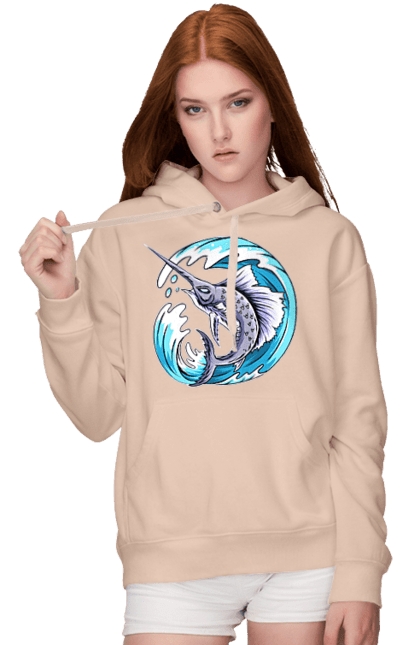 Women`s hoodie with prints Fish Sword And Wave. Swordfish, wave. 2070702