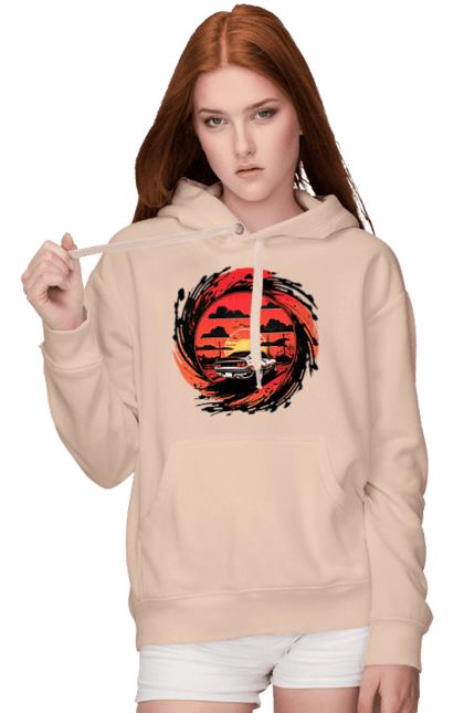 Women`s hoodie with prints Ferrari at sunset. Car, cars, ferrari, ferrari at sunset. 2070702