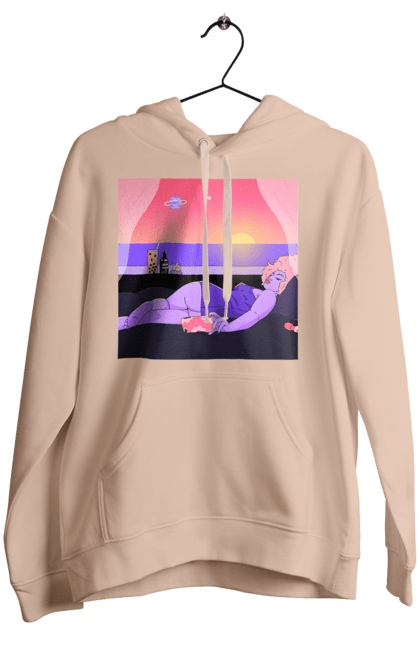 Женское худи с принтом Фиолетовая Девушка На Отдыхе. Девушка, закат, телефон. 2070702