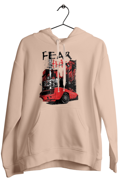 Women`s hoodie with prints Red Car In The City. Riding, town. 2070702
