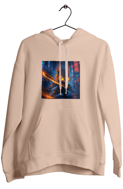 Жіноче худі з принтом "Лабубу". Аніместиль, дія, катана, кіберніндзя, кіберпанк, лабубу, меч, неонове місто, очі` що світяться. 2070702