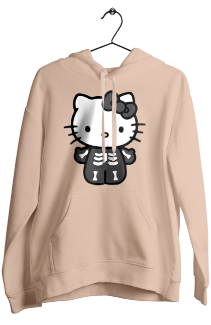 Женское худи с принтом Хелло Китти Хэллоуин. Halloween, hello kitty, zombie, бренд, зомби, котенок, персонаж, скелет, хелло китти, хэллоуин. 2070702