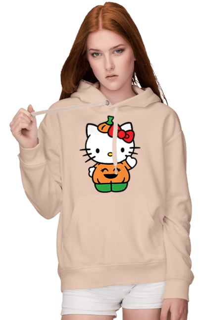 Женское худи с принтом Хелло Китти Хэллоуин. Halloween, hello kitty, бренд, котенок, персонаж, тыква, хелло китти, хэллоуин. 2070702