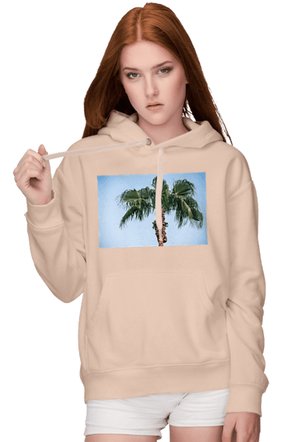 Жіноче худі з принтом "Пальма на тлі неба". Берег, блакитне, відпочинок, відпустку, єгипет, зелений, зелені, лист, листя, море, небо, оазис, океан, острів, пальма, південь, подорож, пригоди, тропіки, туреччина. 2070702