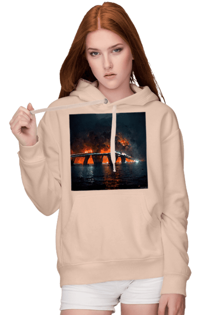 Женское худи с принтом Горит Крымский мост.. Армия россии, армия украины, воздушный удар, зсу, крым, мост, поместиться, шок. 2070702
