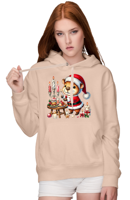 Women's hoodie with prints Capybara and Christmas Dinner. Animal, capybara, christmas, christmas capybara, christmas dinner, gift, holiday, new year, new year`s gift, santa. 2070702