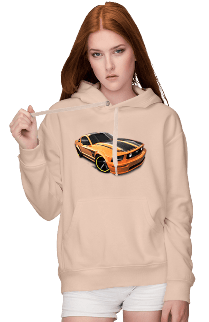 Женское худи с принтом Оранжевая, скоростная машина. Езда, колеса, машина, скорость. 2070702