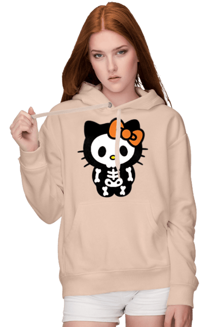 Женское худи с принтом Хелло Китти Хэллоуин. Halloween, hello kitty, zombie, бренд, зомби, котенок, персонаж, скелет, хелло китти, хэллоуин. 2070702