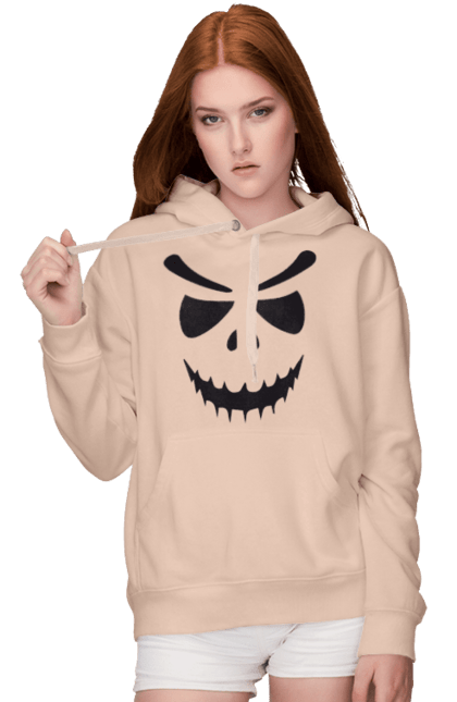 Women's hoodie with prints Halloween pumpkin face. Costume, halloween, holiday, october, october 31, pumpkin, scary, sweets, trick or treat. 2070702