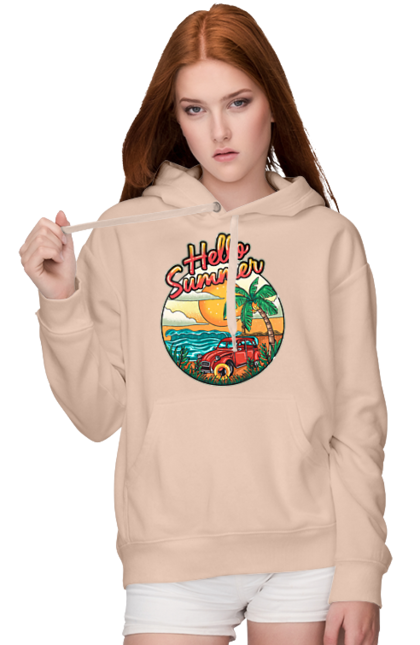 Women`s hoodie with prints Hello Summer, Car By The Sea. Beach, island, palm, summer. 2070702