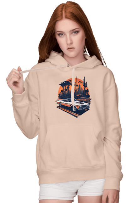 Women`s hoodie with prints Beautiful car at sunset. Auto, sun, sunset. 2070702