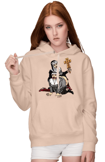 Женское худи с принтом Монашки БДСМ. Бдсм, крутая, модная, молодежная, монашка, монашки бдсм, монашку, ролевые игры, шлепает по заднице. 2070702