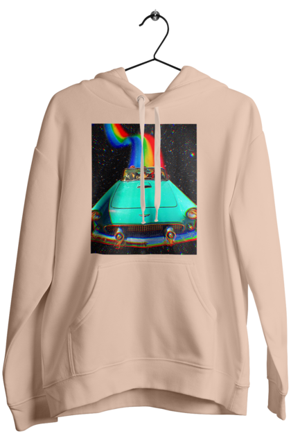 Женское худи с принтом Картина, машина в космосе. Картина, космос, машина, поездка, прикол, путешествия, радуга, ретро. 2070702