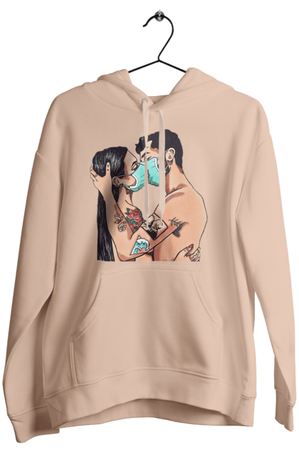 Women`s hoodie with prints Coronavirus Love. Coronavirus, kiss, love, mask, quarantine. 2070702