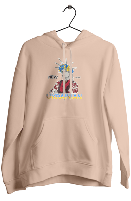 Women`s hoodie with prints UA & NY. Embroidered shirt, new york, statue of liberty, ukraine, wreath. 2070702