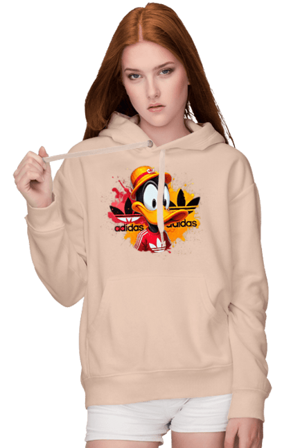 Женское худи с принтом Даффи Дак Adidas. Adidas, daffy duck, looney tunes, merrie melodies, warner brothers, даффи дак, мультфильм, персонаж, утка даффи. 2070702