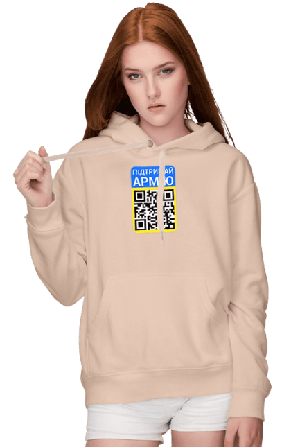 Women`s hoodie with prints QR CODE. Charity, code, flag of ukraine, support the army, symbolics, ukraine. 2070702