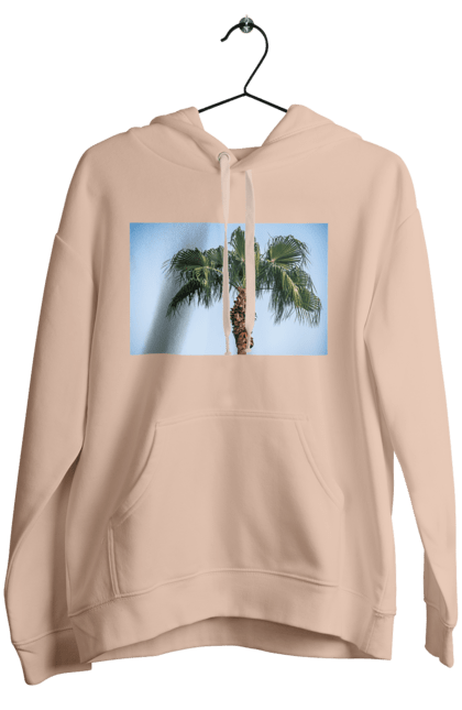 Жіноче худі з принтом "Пальма на тлі неба". Берег, блакитне, відпочинок, відпустку, єгипет, зелений, зелені, лист, листя, море, небо, оазис, океан, острів, пальма, південь, подорож, пригоди, тропіки, туреччина. 2070702