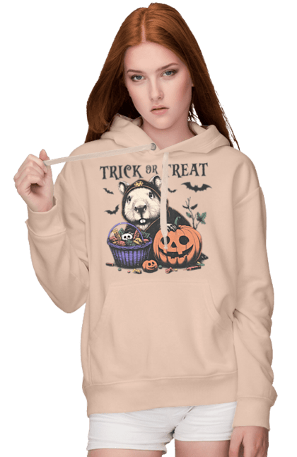 Women's hoodie with prints Capybara Halloween. Animal, capybara, halloween, holiday, moon, pumpkin, rodent. 2070702