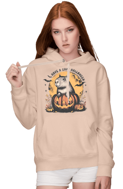 Women's hoodie with prints Capybara Halloween. Animal, capybara, halloween, holiday, moon, pumpkin, rodent. 2070702