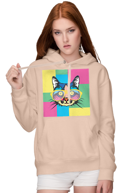 Women's hoodie with prints Cat with glasses. Animal, art, bright, cat, cat, glasses, mustache, picture, wool. 2070702