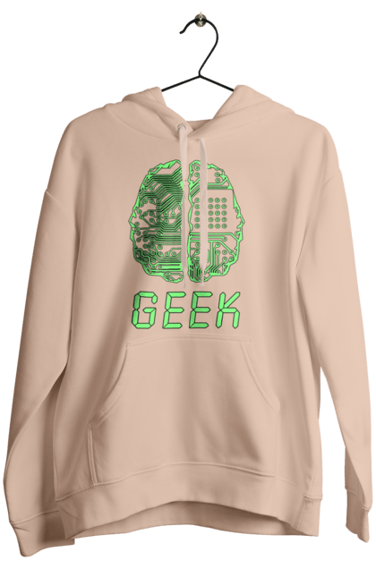 Women`s hoodie with prints Geek Brain Neon. Brain, chip, code, comp, crystal, cyber, cybernetics, cyborg, engineer, geek, green, it, it specialist, knowledge, light, luminous, mind, neon, printed circuit board, professional. 2070702