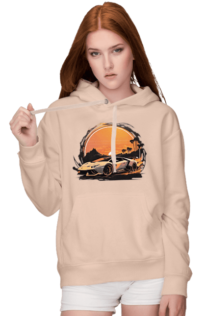Жіноче худі з принтом "Ламборджині на заході сонця". Авто, автомобіль, ламборджині, машина, машини. 2070702