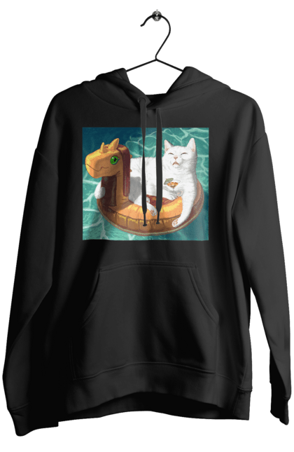 Жіноче худі з принтом "Білий кіт у плавальному колі, на відпочинку". Басейн, відпочинок, кіт, коктейль, море, плавальний круг. 2070702