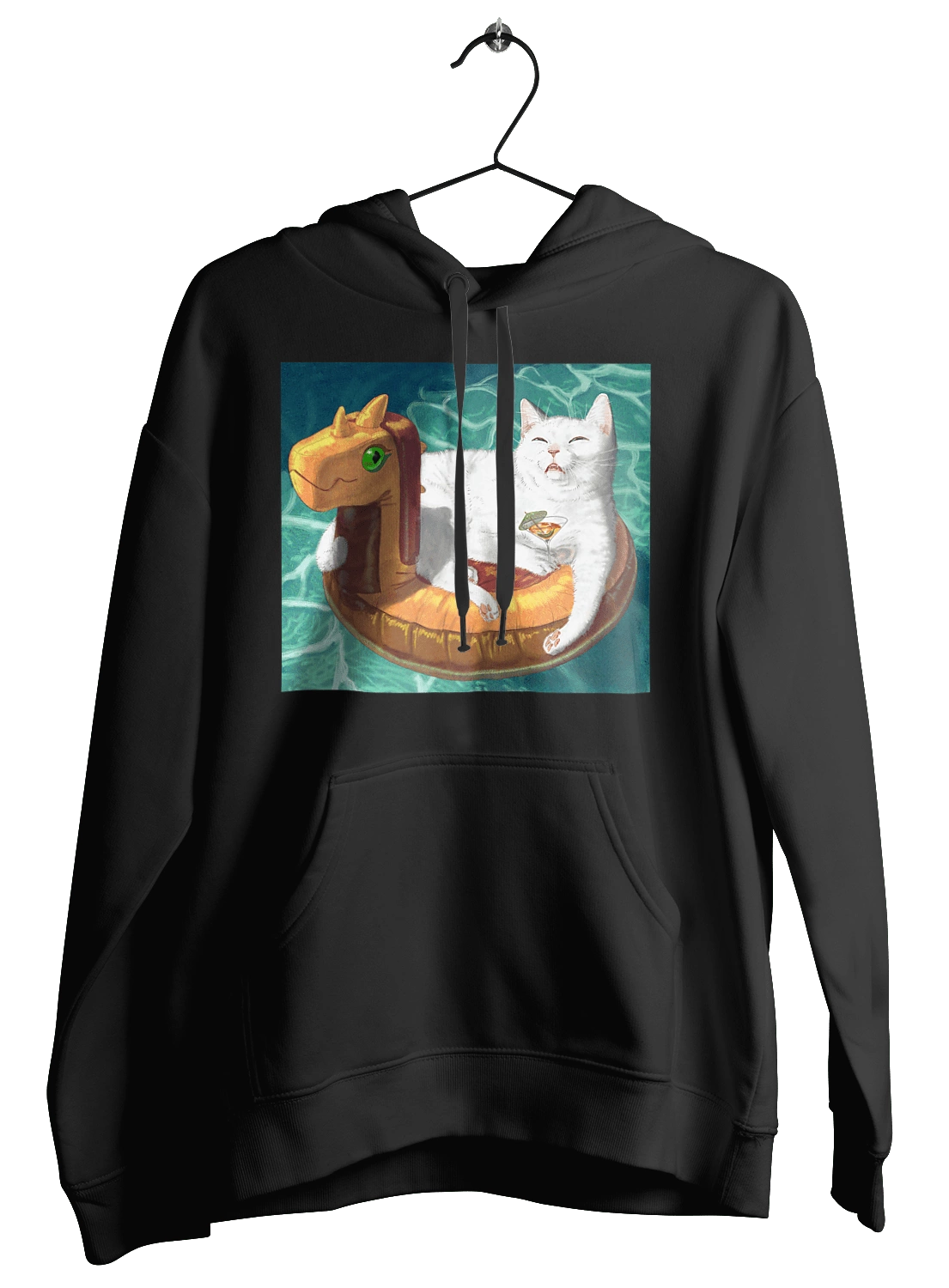 Белый кот в плавательном кругу, на отдыхе