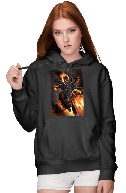 Жіноче худі з принтом "Пекельний Гонщик". Вогонь, мотоцикл, пекельний гонщик, скелет, чоппер. 2070702