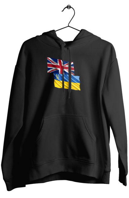 Жіноче худі з принтом "Прапор Великої Британії, прапор України, Підтримка України". Британія, велика британія, війна, киев, мир, національні кольори, прапор, прапор британії, прапор великої британії. 2070702
