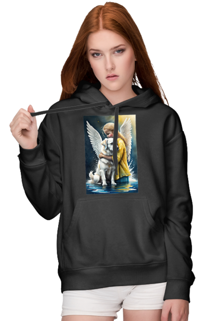 Жіноче худі з принтом "Дівчинка та собака ангел [память загиблим тваринам]". Дівчинка та собака, крим, нова каховка, память загиблим тваринам, собака ангел, україна, херсон. 2070702