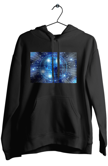 Жіноче худі з принтом "Штучний інтелект". Айті, айтішник, гік, знання, інженер, інтелект, кібер, кібернетика, кіборг, код, комп, комп`ютерник, кристал, машинне навчання, мікросхема, мозок, портрет, програміст, професіонал, професія, розробник, розум, хакер, чіп, штучний інтелект, штучний розум. 2070702