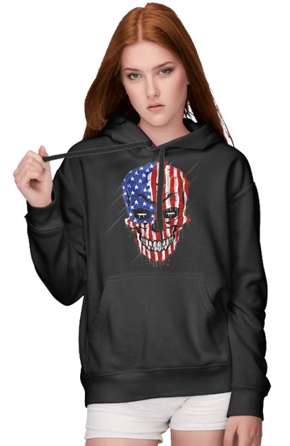 Women's hoodie with prints Skull with flag. Bones, eagle, flag, scull, smile, teeth, usa. 2070702