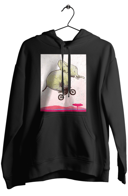 Жіноче худі з принтом "Слон На Мотоциклі". Мотоцикл, політ, слон. 2070702