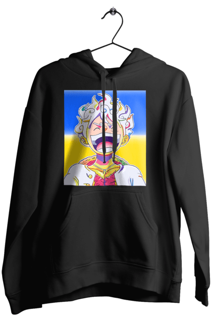 Жіноче худі з принтом "Монкі д Луффі сміється на жовто блактному фоні". Ван піс, луффі, монкі д. луффі, прапор україни, символ україни, україна. 2070702