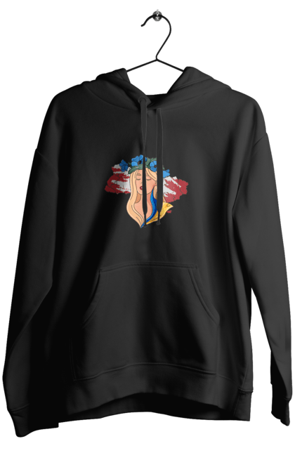 Жіноче худі з принтом "Дівчина на карті України". Дівчина, дівчина на карті, жовтий, карта україни, квіти, прапор, синій, україна, червоний. 2070702