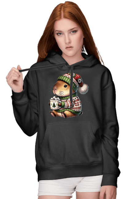 Women's hoodie with prints Capybara with hot chocolate. Animal, capybara, christmas, christmas capybara, gift, holiday, hot chocolate, new year, santa. 2070702