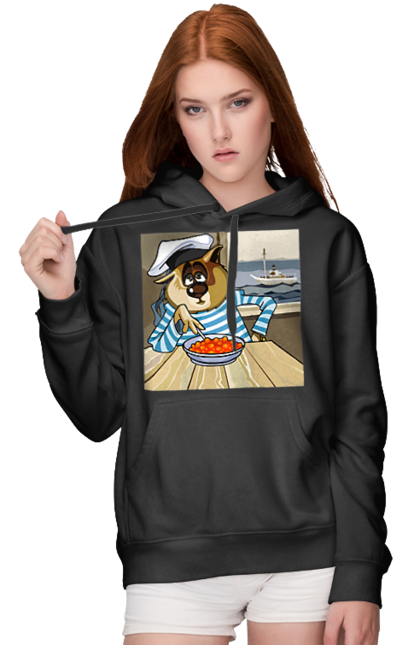 Жіноче худі з принтом "Кот Моряк, На Кораблі Їсть Червону Ікру". Ікра, кіт, корабель, моряк. 2070702