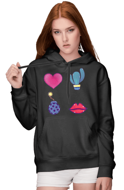 Women`s hoodie with prints Heart, Cactus, Bomb, Lips. Bomb, cactus, lips. 2070702