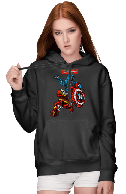 Women's hoodie with prints Iron Man vs Captain America. Avengers, captain america, civil war, comic, comics, film, iron man, marvel, marvel comics, tony stark. 2070702