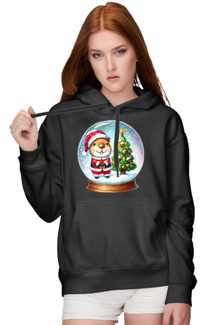 Women's hoodie with prints Christmas Capybara with a Tree. Animal, capybara, christmas, christmas capybara, christmas tree, gift, holiday, new year, new year`s gift, santa. 2070702