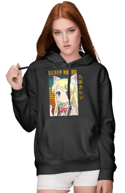 Women's hoodie with prints Kiniro Mosaic Karen Kujo. Anime, gold mosaic, karen, karen kujo, kiniro mosaic, kinmoza, manga. 2070702