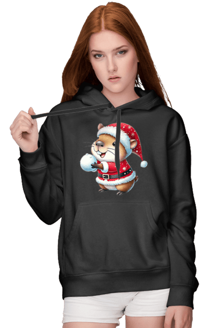 Women's hoodie with prints Capybara playing snowballs. Animal, capybara, christmas, christmas capybara, game, gift, holiday, new year, santa, snowballs. 2070702