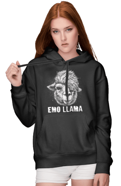 Жіноче худі з принтом "Емо Лама". Alpaca, animals, distressed, emo, funny, llama, vintage, емо, лама. 2070702